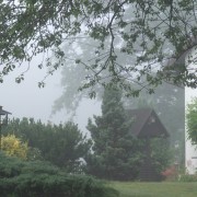 Chata we mgle (widok ze studnią) - fot. Wiesław Błoniarz